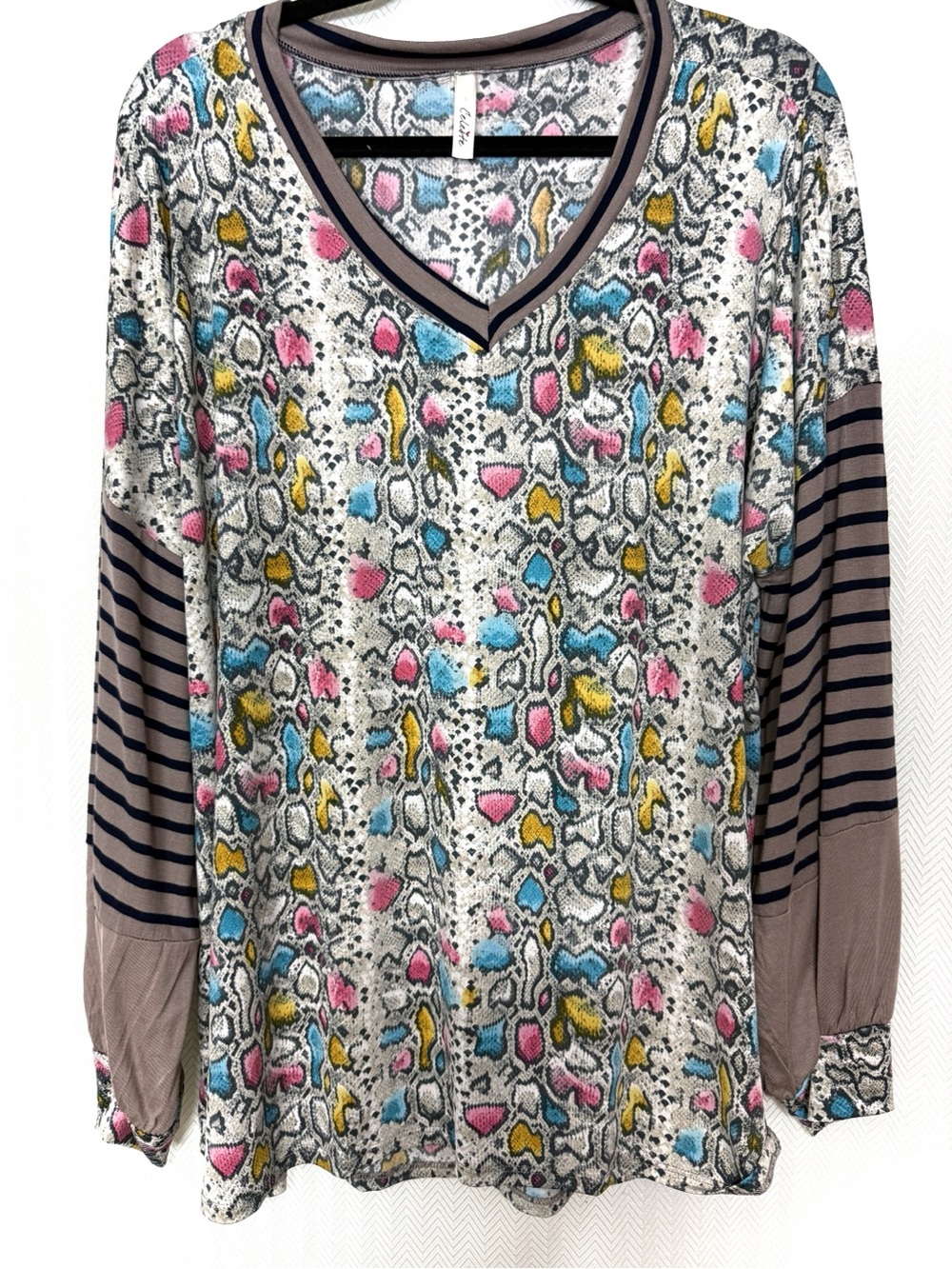 Celeste Mixed Media Long Sleeve V-Neck in Colorful Snakeskin Print Size XL